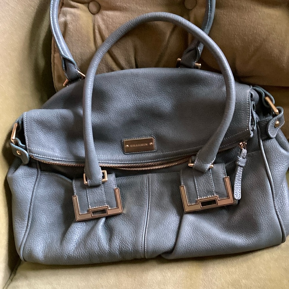 Brahmin Gray Pebbled Leather Satchel with brushed Gold Accents